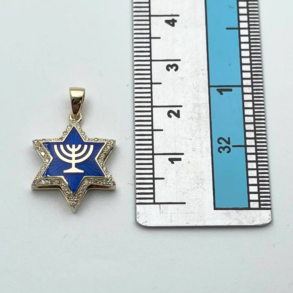 Diamond Star of David Menorah Pendant in 14K Gold and Blue Enamel - Image 6