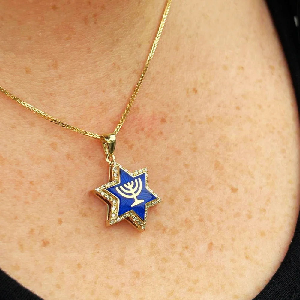 Diamond Star of David Menorah Pendant in 14K Gold and Blue Enamel - Image 7
