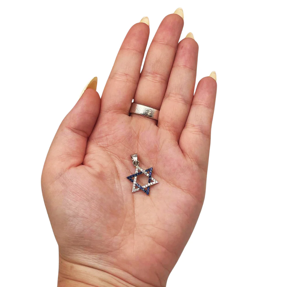 Star of David Pendant with Diamonds and Sapphires in 14K White Gold - Image 3