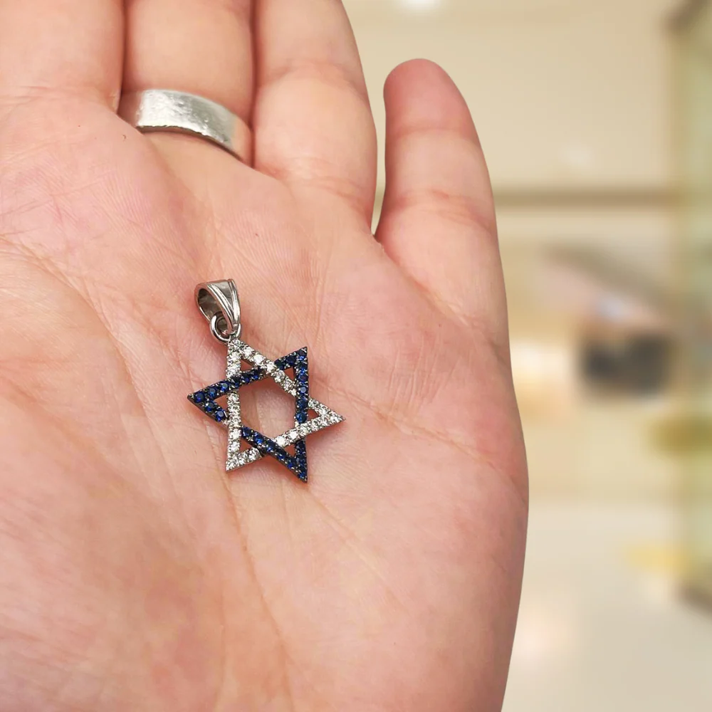 Star of David Pendant with Diamonds and Sapphires in 14K White Gold - Image 4