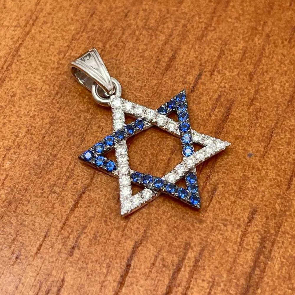 Star of David Pendant with Diamonds and Sapphires in 14K White Gold - Image 7