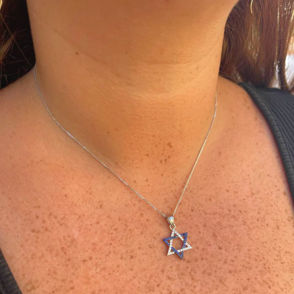Star of David Pendant with Diamonds and Sapphires in 14K White Gold - Image 8