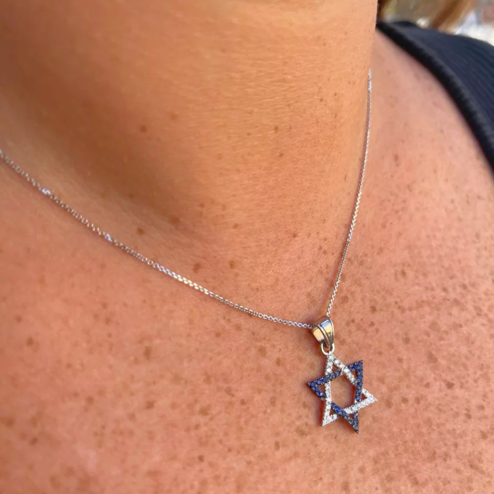 Star of David Pendant with Diamonds and Sapphires in 14K White Gold - Image 9