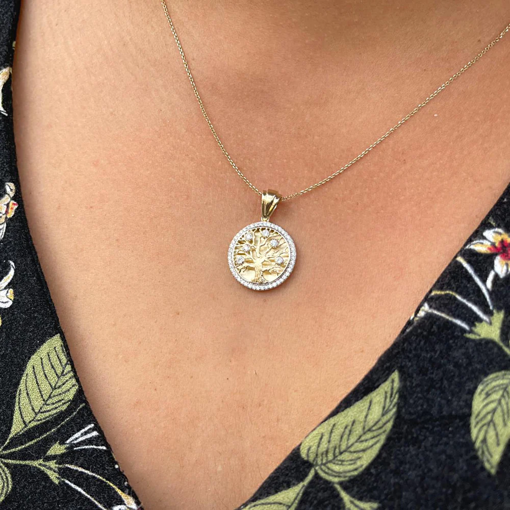 14K Yellow Gold Diamond-Studded Tree of Life Round Large Pendant - Image 5