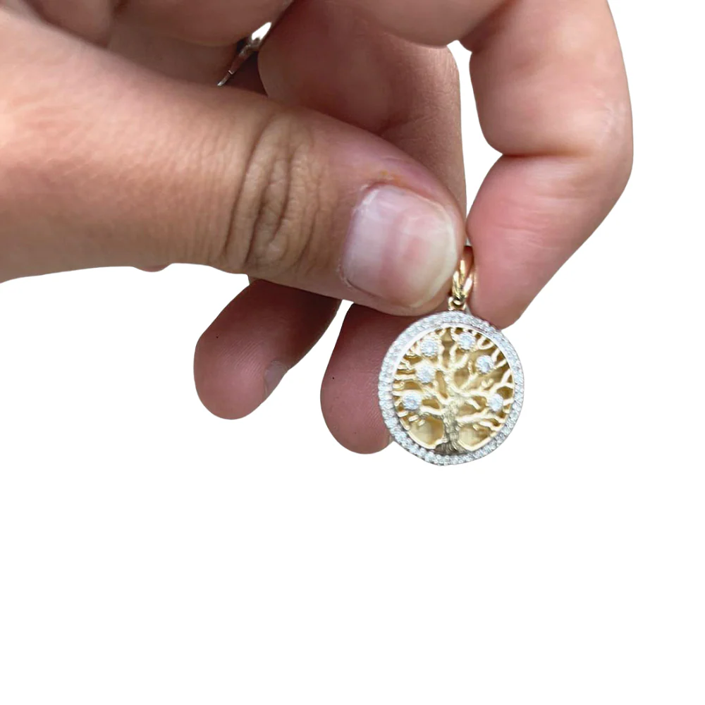 14K Yellow Gold Diamond-Studded Tree of Life Round Large Pendant - Image 7