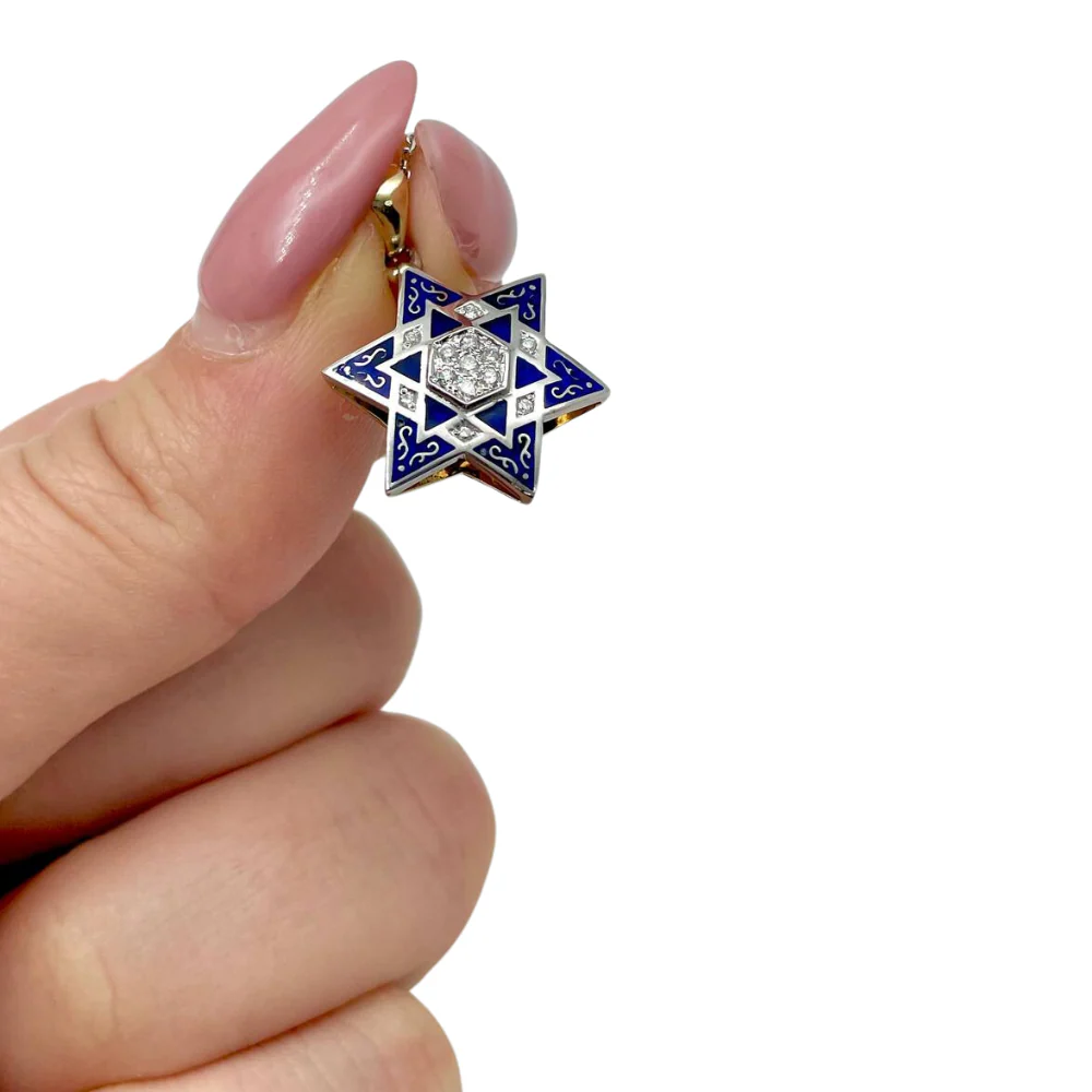 Star of David - 14K White Gold Diamond Multi - Pendant with Blue Enamel - Image 3