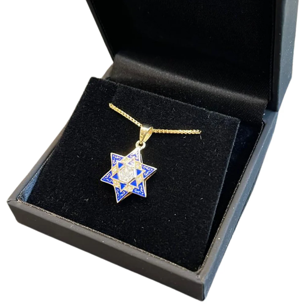 Star of David Pendant - 14K Yellow Gold Diamond Multi with Blue Enamel - Image 3