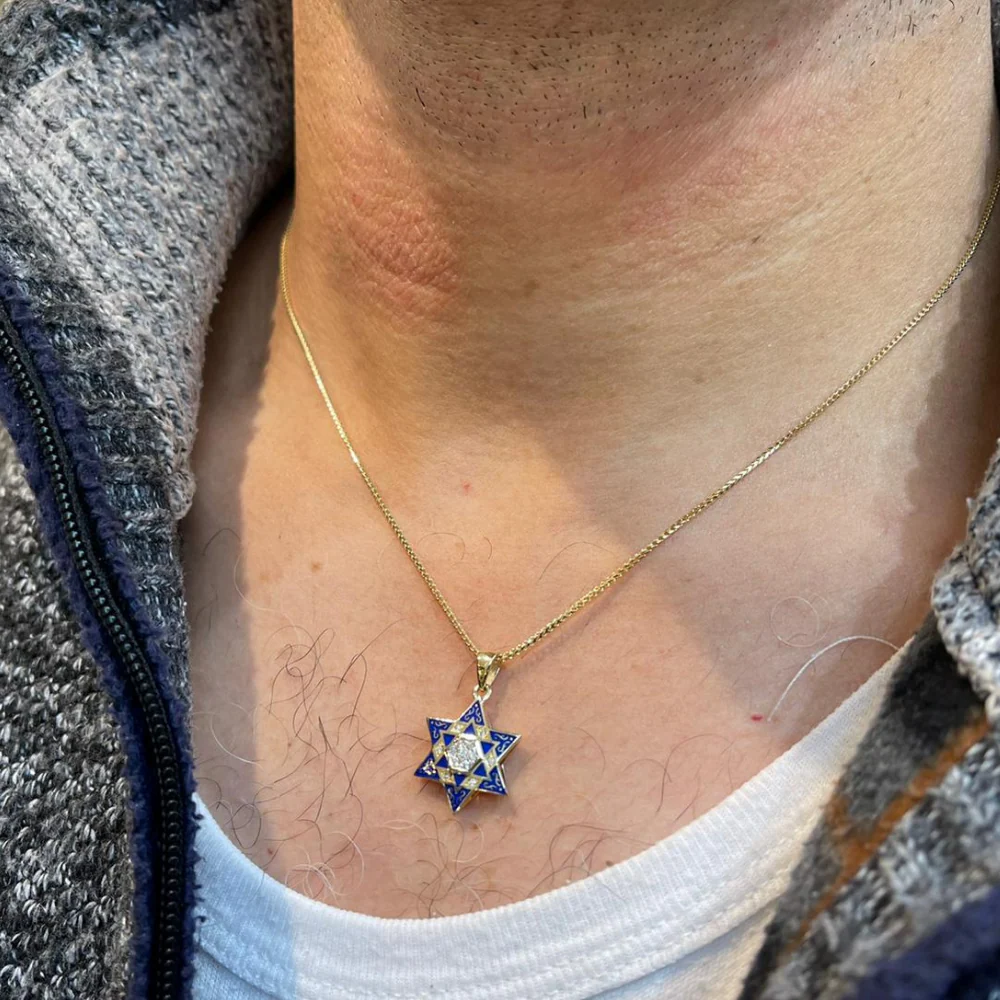 Star of David Pendant - 14K Yellow Gold Diamond Multi with Blue Enamel - Image 4