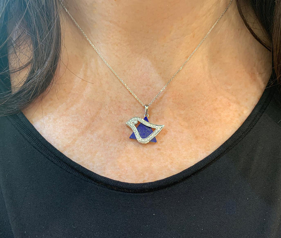 18k White Gold Diamond Lapis Lazuli Dove Star of David Pendant - Image 3