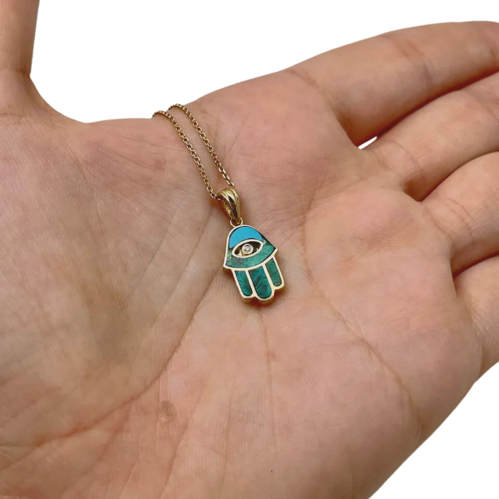 Hamsa Protection Pendant in 14K Gold with Diamond & Eilat - Image 3