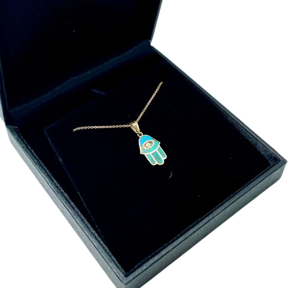 Hamsa Protection Pendant in 14K Gold with Diamond & Eilat - Image 4