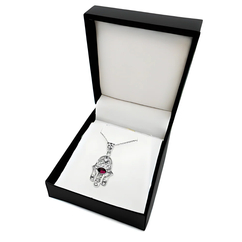 Hamsa Evil Eye 14K Gold Filigree Pendant with Garnet Stone - Image 10