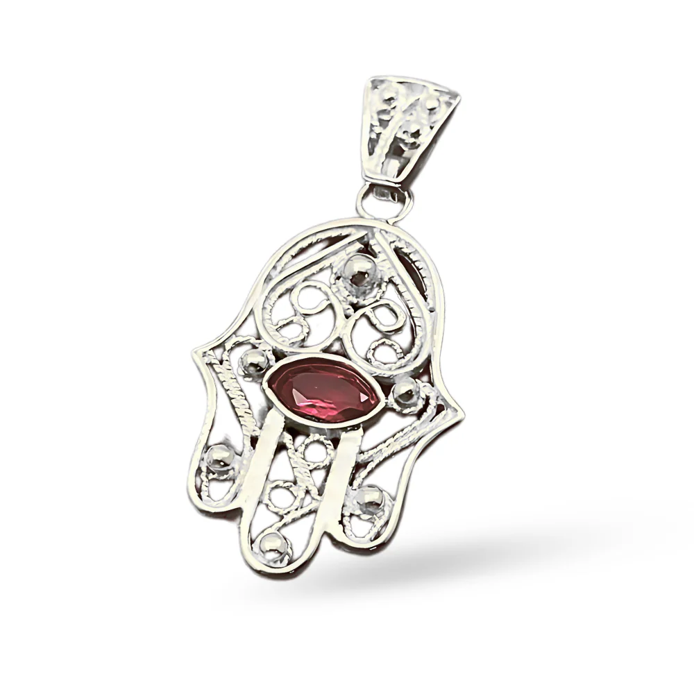 Hamsa Evil Eye 14K Gold Filigree Pendant with Garnet Stone - Image 3