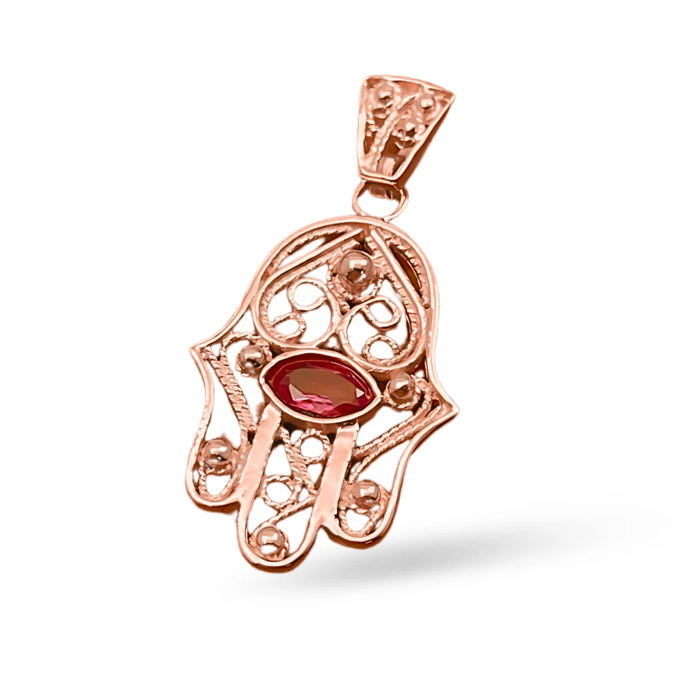 Hamsa Evil Eye 14K Gold Filigree Pendant with Garnet Stone - Image 4