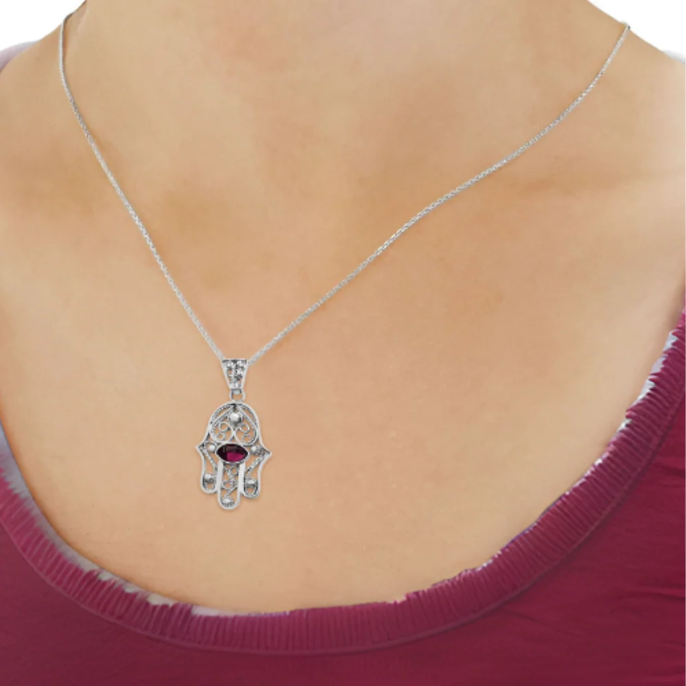 Hamsa Evil Eye 14K Gold Filigree Pendant with Garnet Stone - Image 5