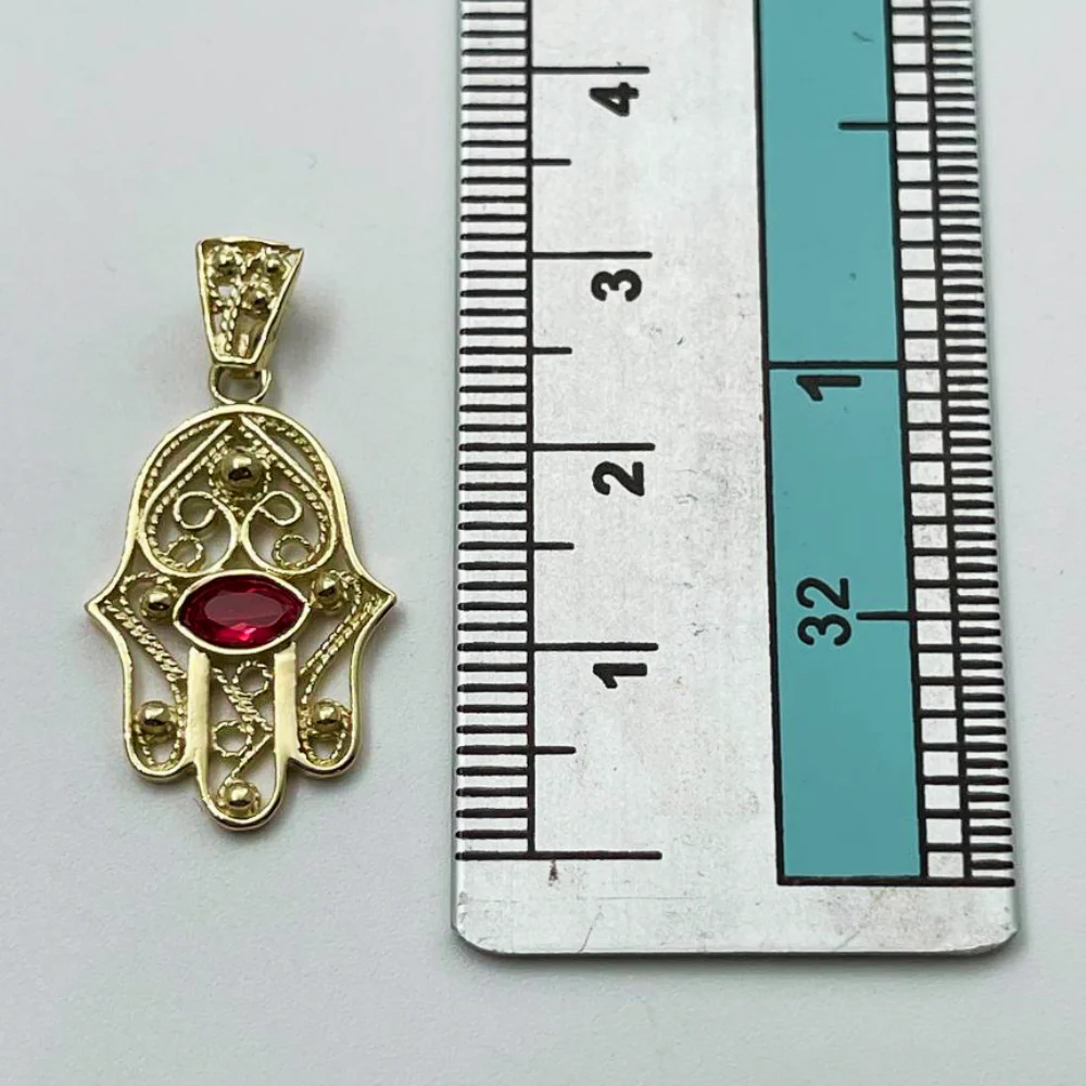 Hamsa Evil Eye 14K Gold Filigree Pendant with Garnet Stone - Image 6