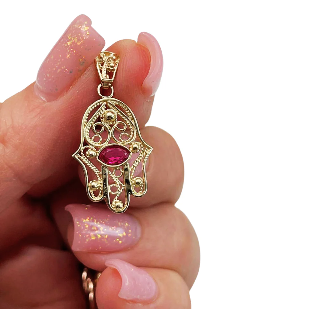 Hamsa Evil Eye 14K Gold Filigree Pendant with Garnet Stone - Image 7