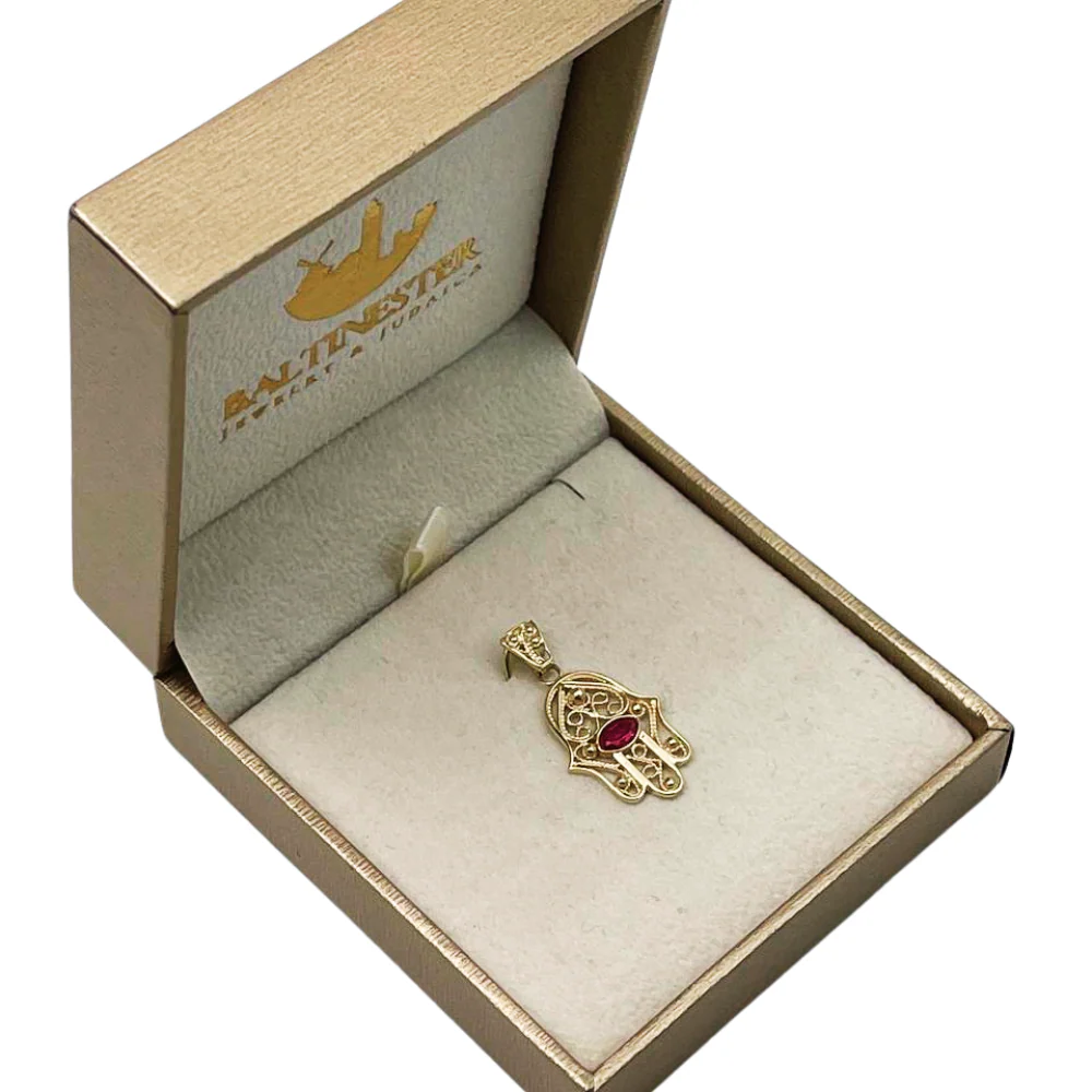 Hamsa Evil Eye 14K Gold Filigree Pendant with Garnet Stone - Image 9