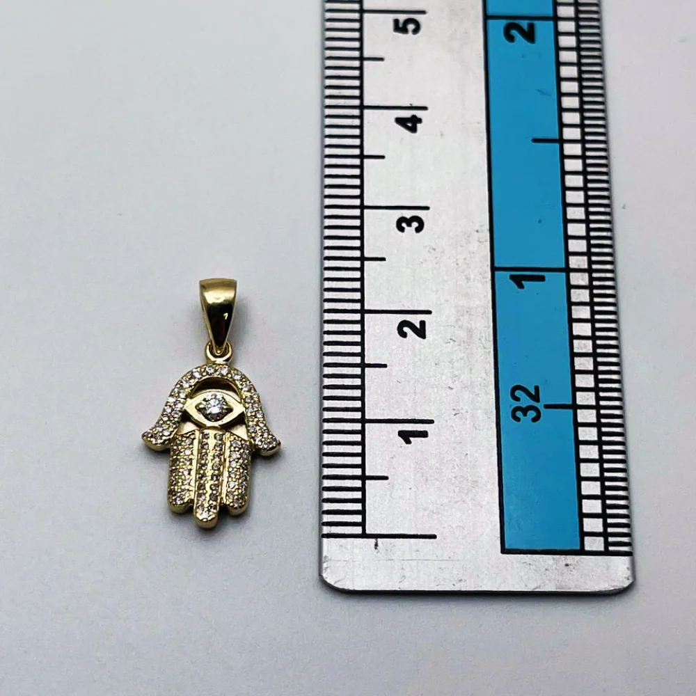 Diamond Studded Hamsa Evil Eye Pendant in 14K Gold with Large Central Diamond - Image 4