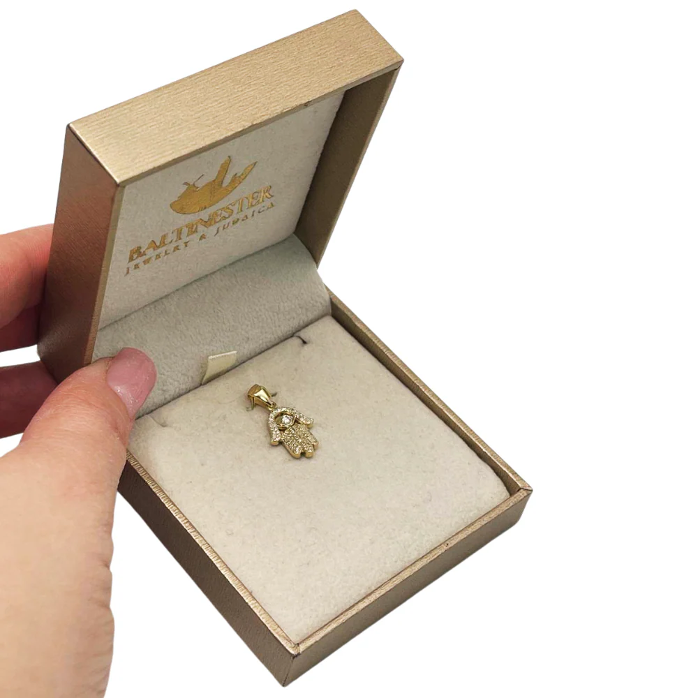 Diamond Studded Hamsa Evil Eye Pendant in 14K Gold with Large Central Diamond - Image 5