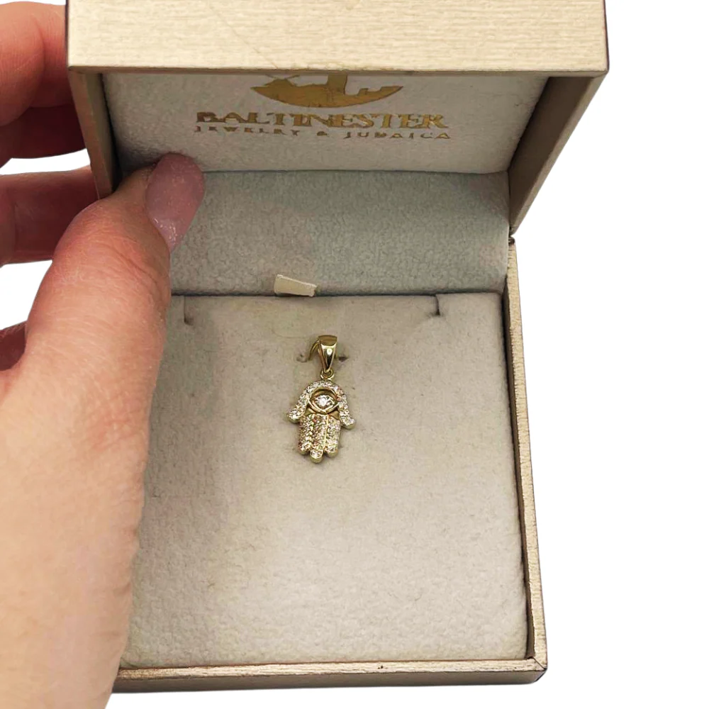 Diamond Studded Hamsa Evil Eye Pendant in 14K Gold with Large Central Diamond - Image 6