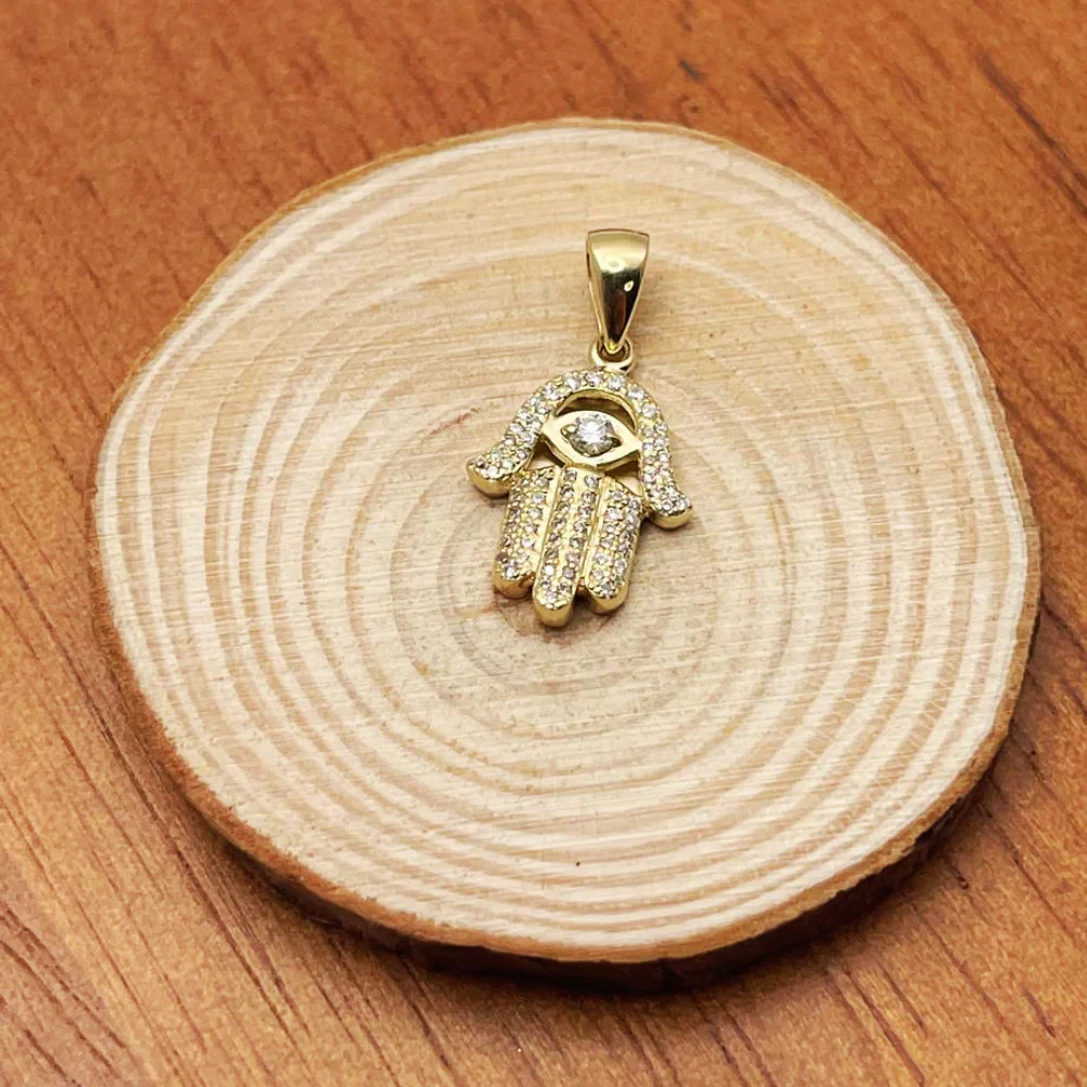 Diamond Studded Hamsa Evil Eye Pendant in 14K Gold with Large Central Diamond - Image 7