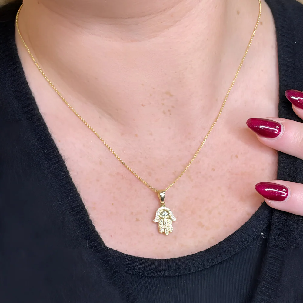 Diamond Studded Hamsa Evil Eye Pendant in 14K Gold with Large Central Diamond - Image 8