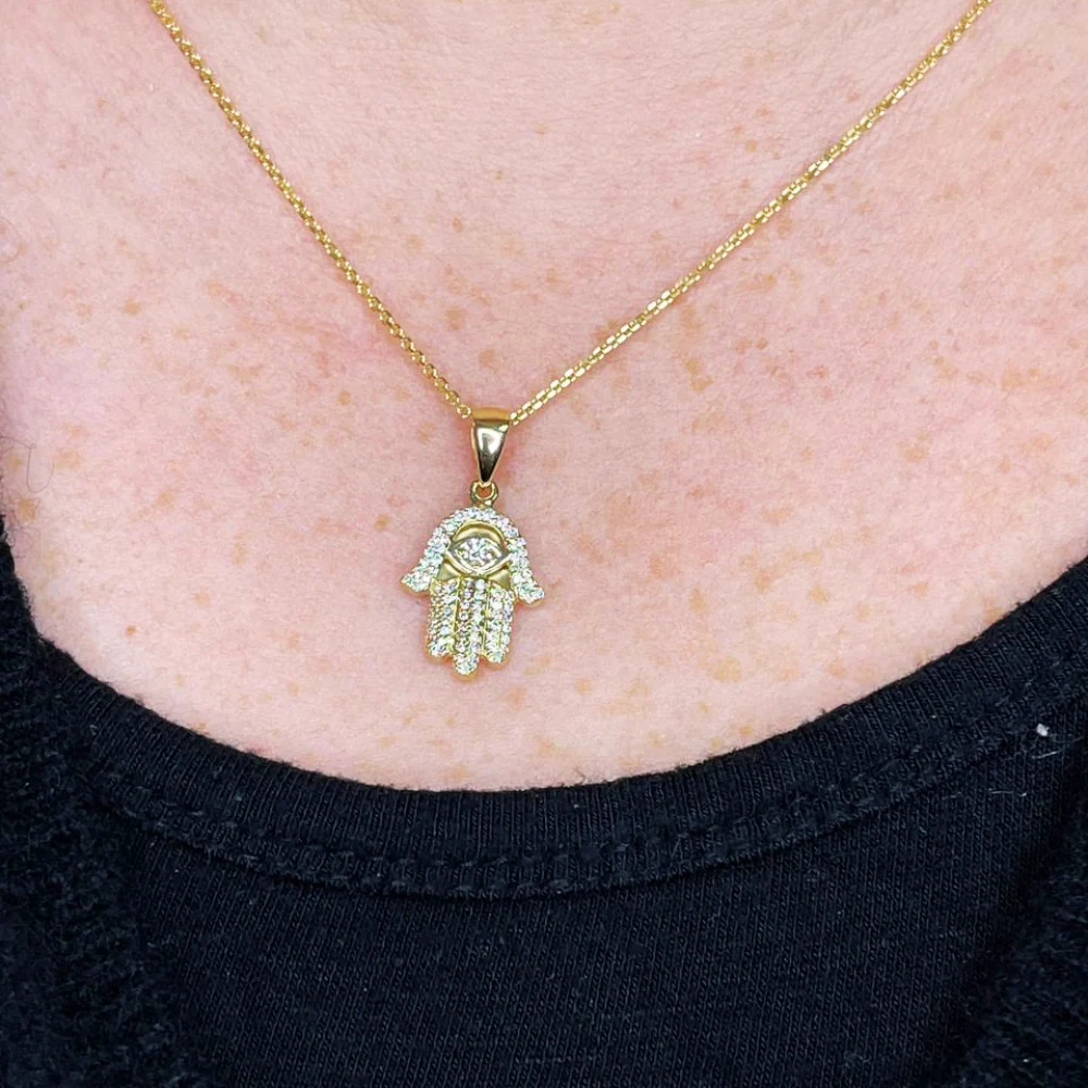 Diamond Studded Hamsa Evil Eye Pendant in 14K Gold with Large Central Diamond - Image 9