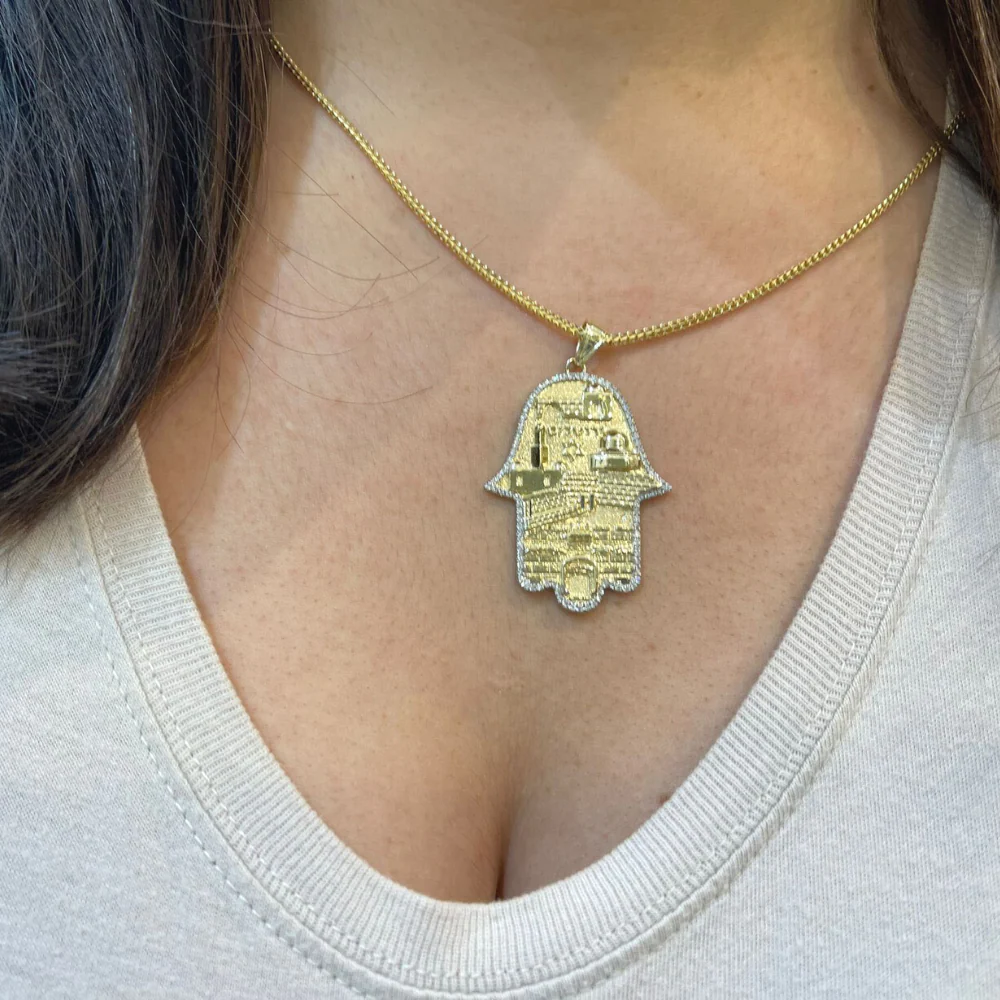 Hamsa Jerusalem Jewish Star 3D Pendant in 14k Gold with Diamonds - Image 3