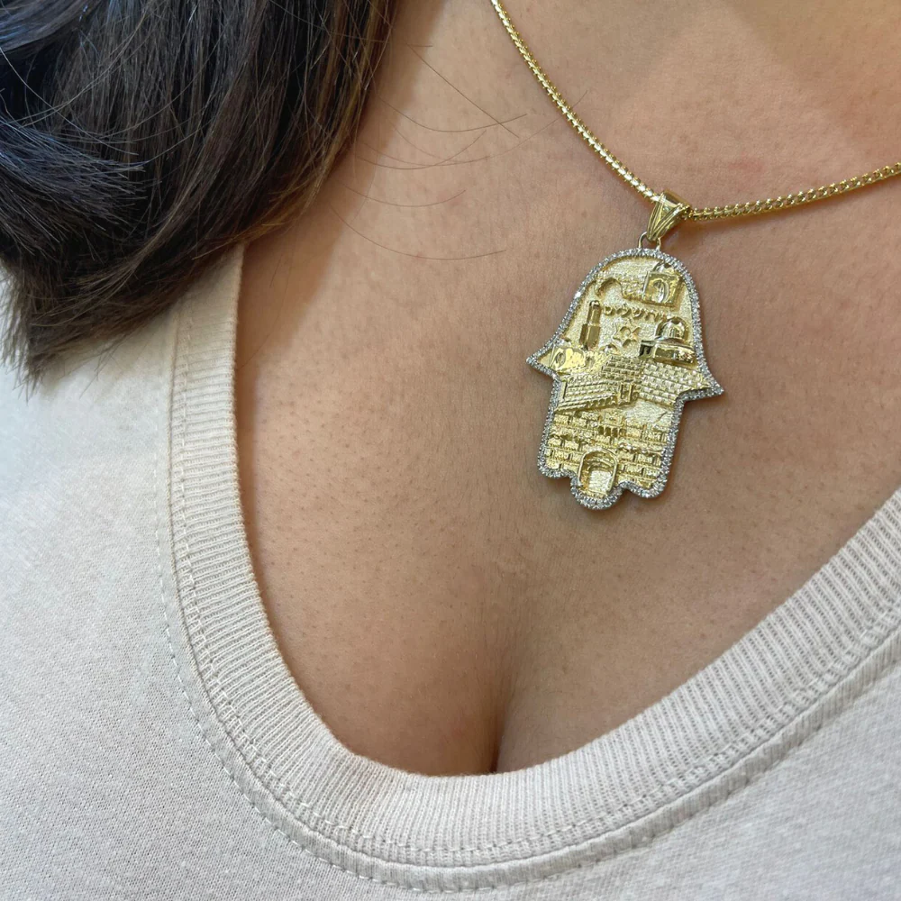 Hamsa Jerusalem Jewish Star 3D Pendant in 14k Gold with Diamonds - Image 4