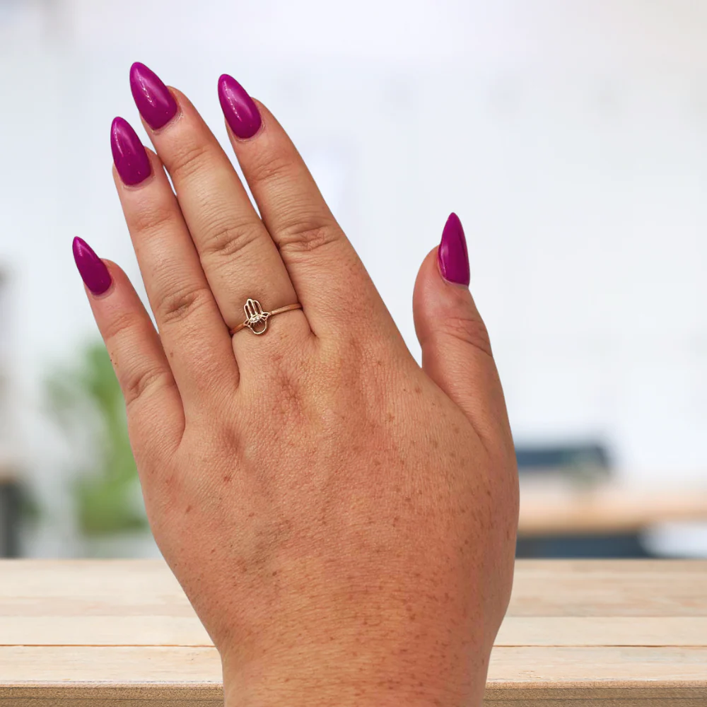 Hamsa Evil Eye Minimalist Ring with Diamonds in 14K Rose Gold - Image 3