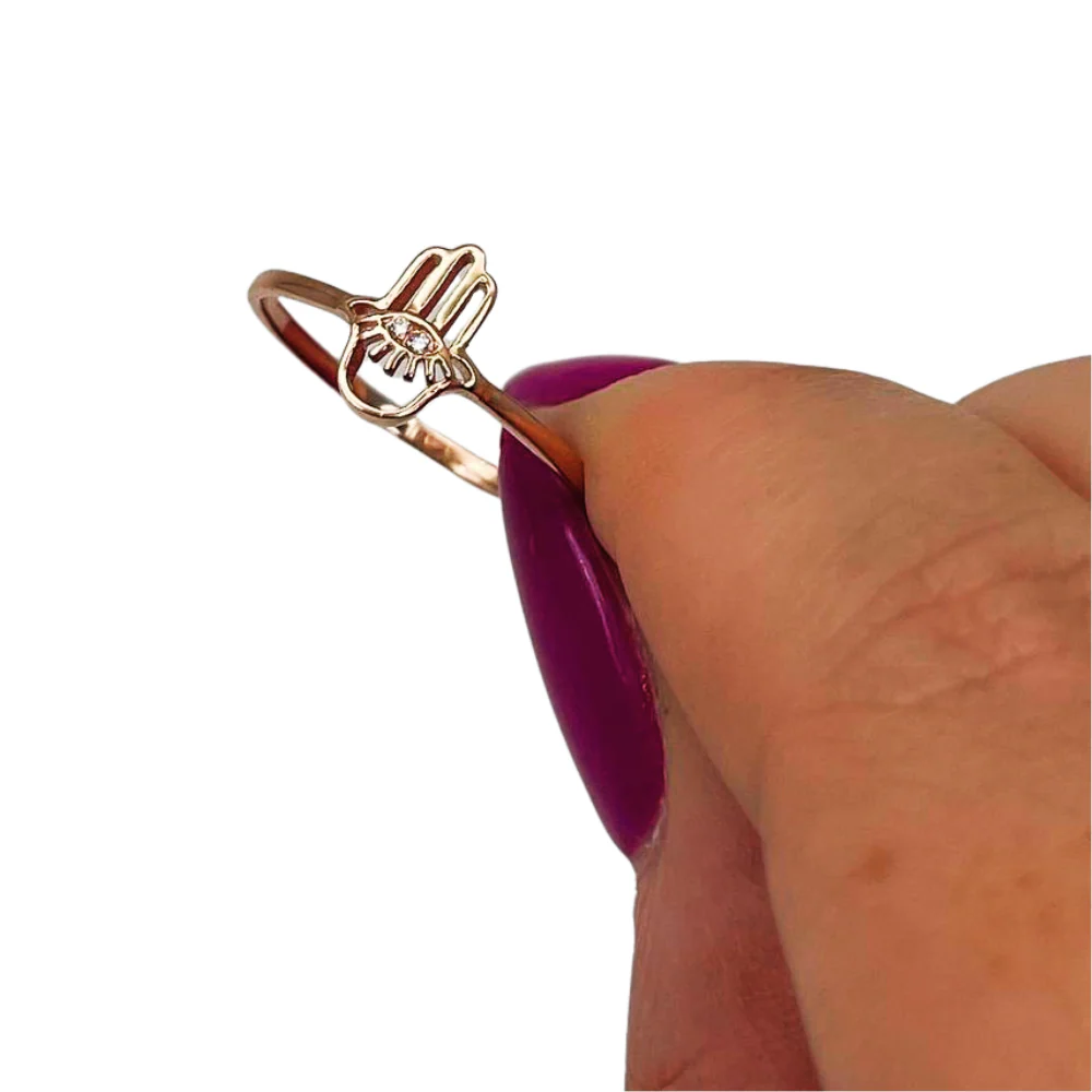 Hamsa Evil Eye Minimalist Ring with Diamonds in 14K Rose Gold - Image 4