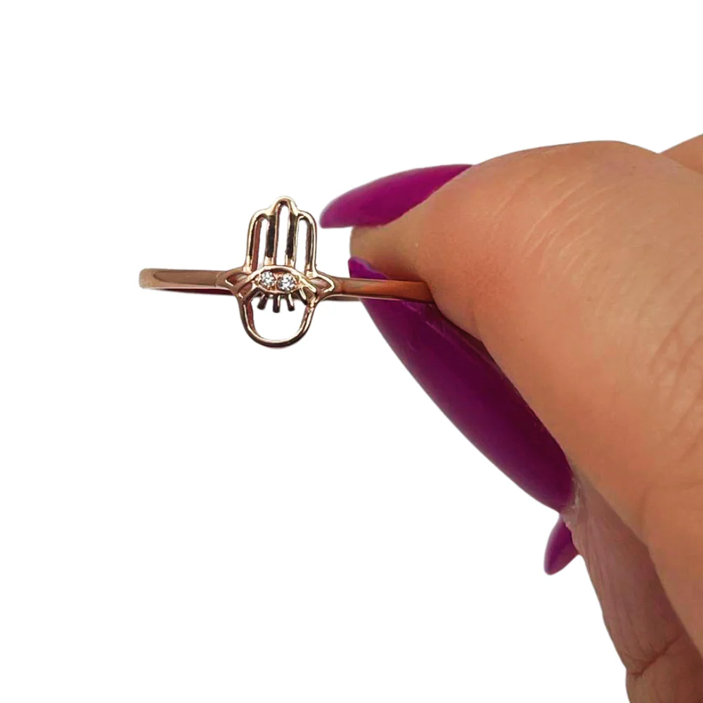 Hamsa Evil Eye Minimalist Ring with Diamonds in 14K Rose Gold - Image 5