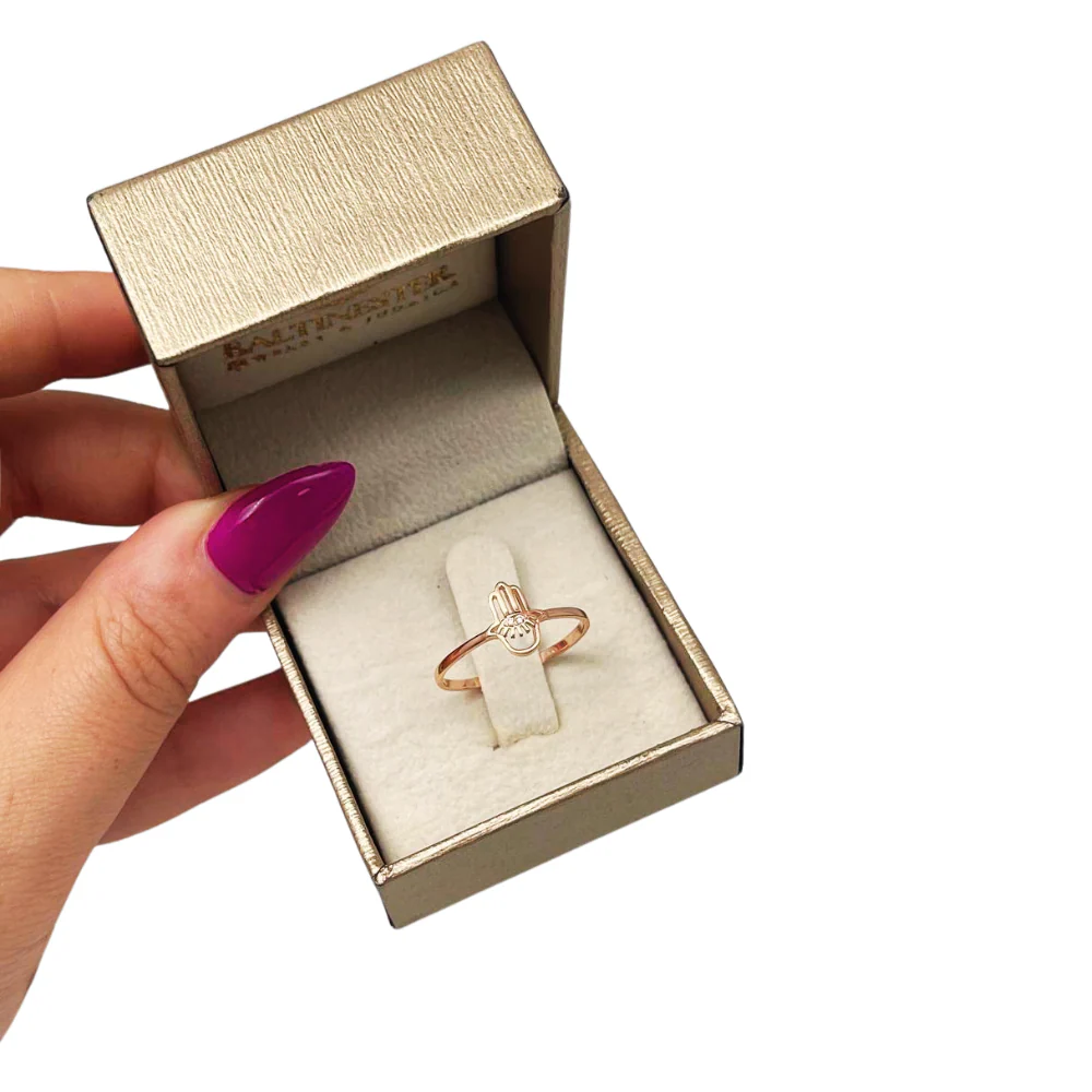Hamsa Evil Eye Minimalist Ring with Diamonds in 14K Rose Gold - Image 7