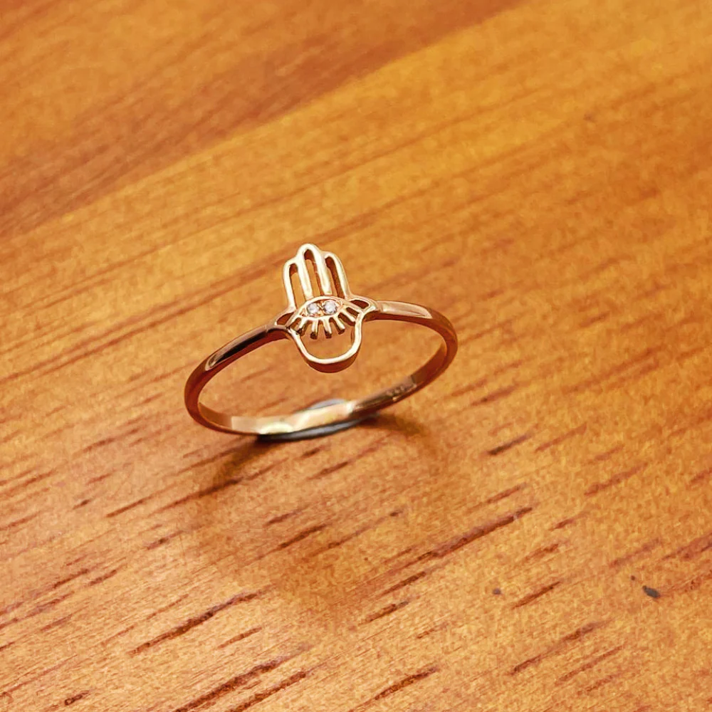 Hamsa Evil Eye Minimalist Ring with Diamonds in 14K Rose Gold - Image 8