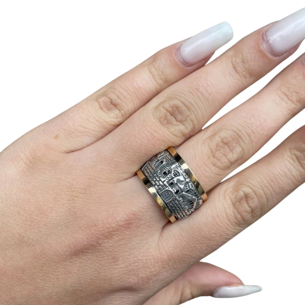 Spinning Jerusalem Ring 14K Gold and Silver - Broad - Image 5