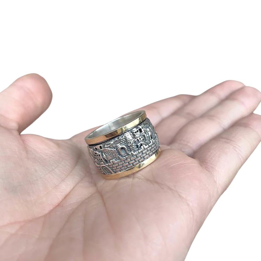 Spinning Jerusalem Ring 14K Gold and Silver - Broad - Image 6