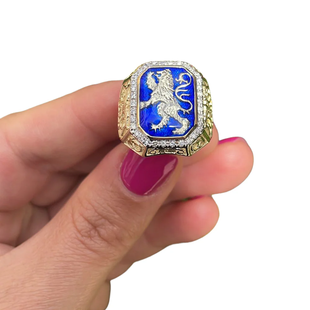 Lion of Judah RING - 14K Gold & Blue Enamel Men's Diamond Signet Ring - Image 3