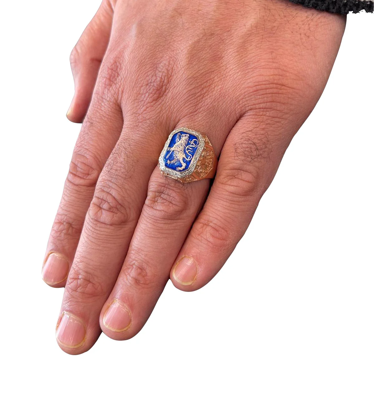 Lion of Judah RING - 14K Gold & Blue Enamel Men's Diamond Signet Ring - Image 4