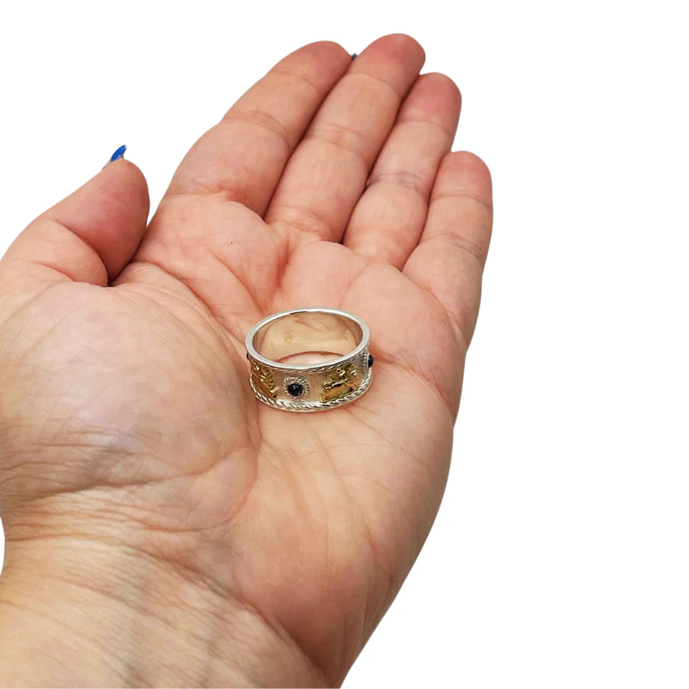 Lion of Zion Ring with Blue Sapphires in 14K Gold & Sterling Silver - Image 3