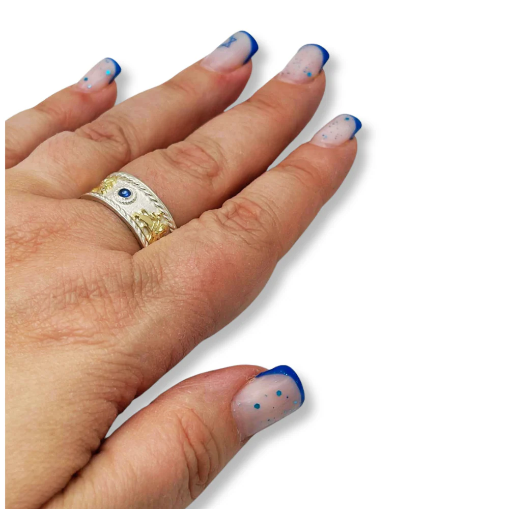 Lion of Zion Ring with Blue Sapphires in 14K Gold & Sterling Silver - Image 4