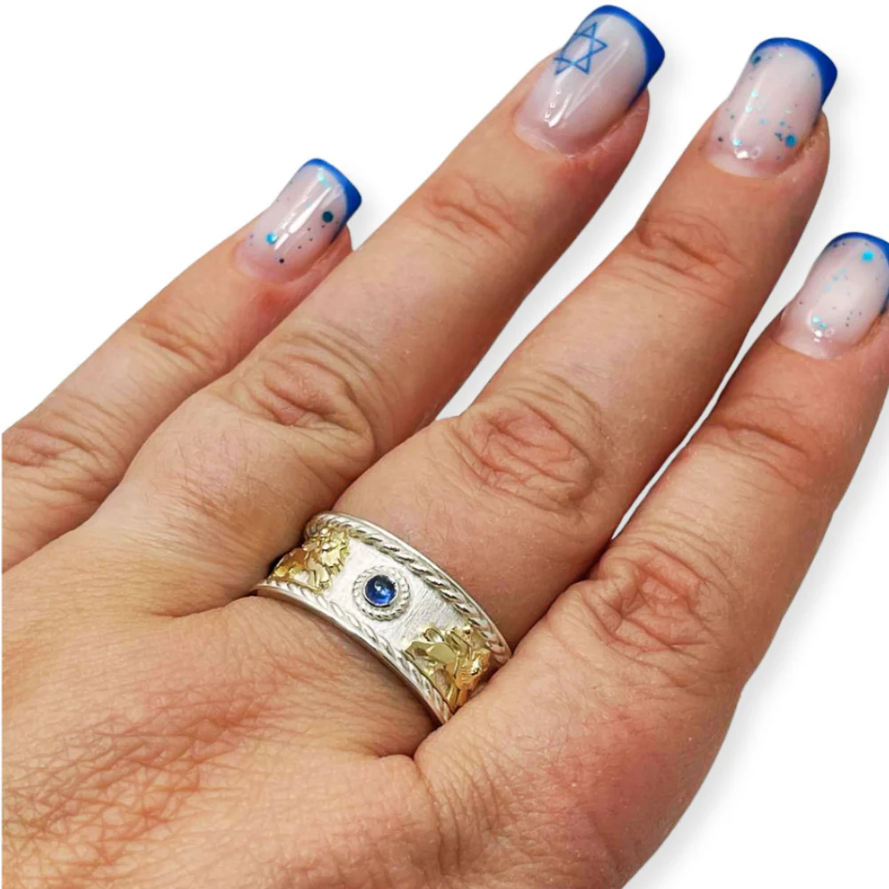 Lion of Zion Ring with Blue Sapphires in 14K Gold & Sterling Silver - Image 5