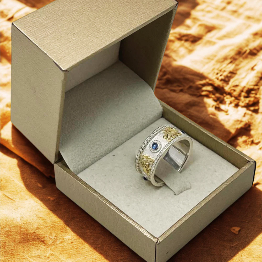 Lion of Zion Ring with Blue Sapphires in 14K Gold & Sterling Silver - Image 7