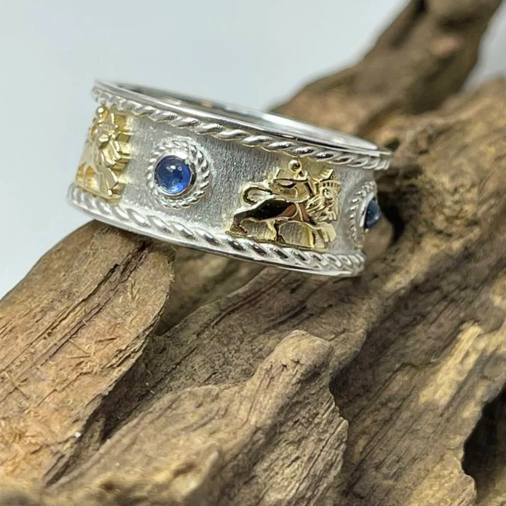 Lion of Zion Ring with Blue Sapphires in 14K Gold & Sterling Silver - Image 8