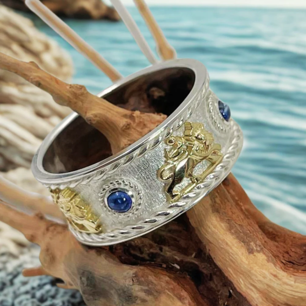 Lion of Zion Ring with Blue Sapphires in 14K Gold & Sterling Silver - Image 9