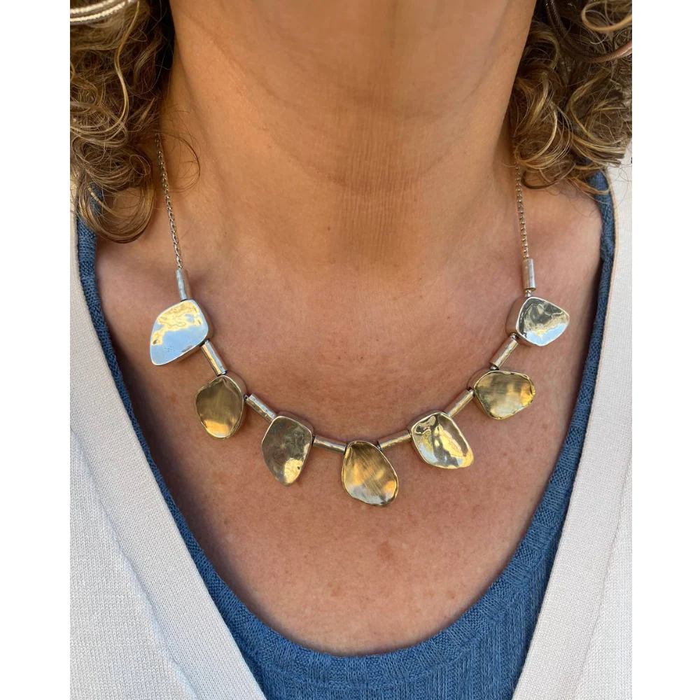 Artisan Israeli Stone Style Chunky Nugget Necklace in Silver & Gold - Image 10