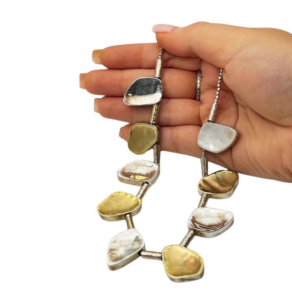Artisan Israeli Stone Style Chunky Nugget Necklace in Silver & Gold - Image 3