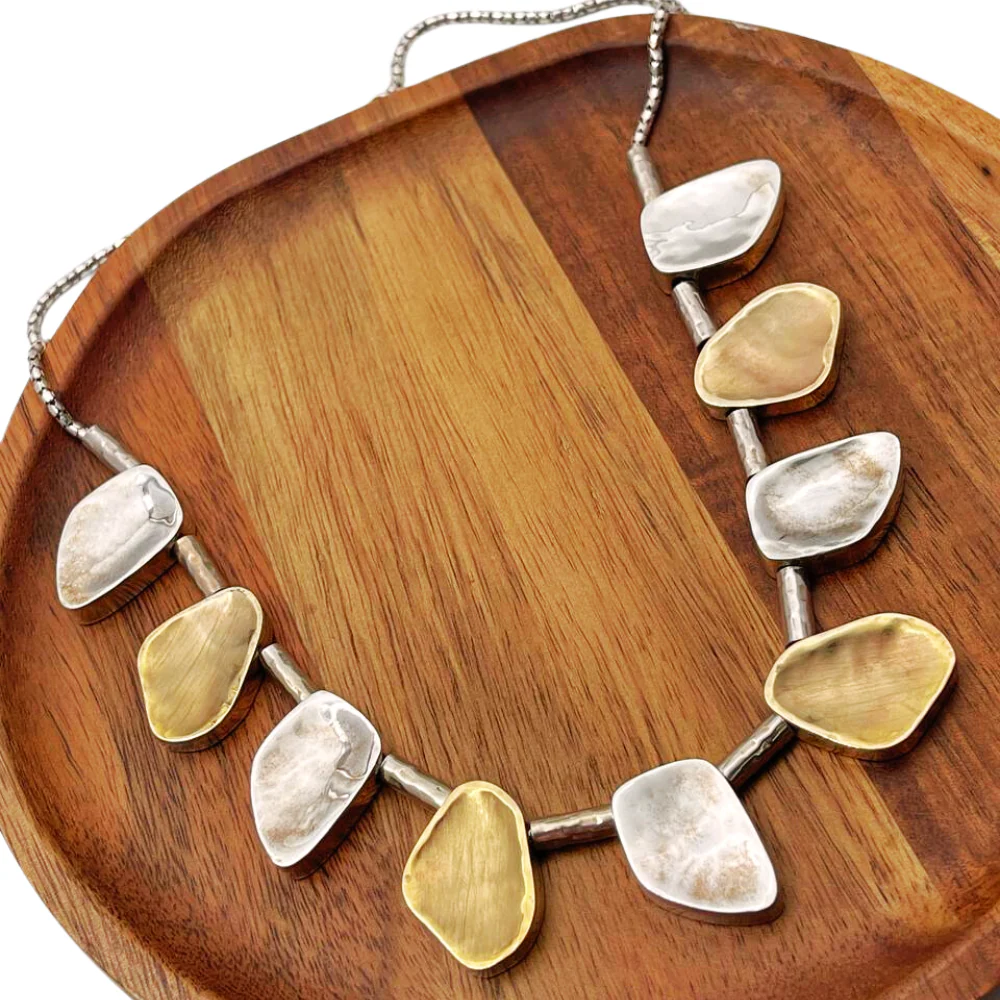 Artisan Israeli Stone Style Chunky Nugget Necklace in Silver & Gold - Image 4