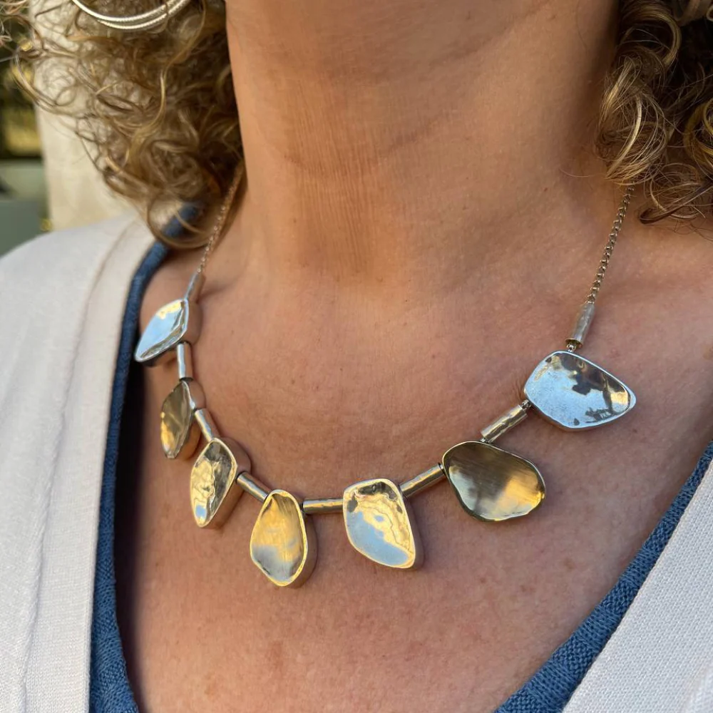 Artisan Israeli Stone Style Chunky Nugget Necklace in Silver & Gold - Image 8