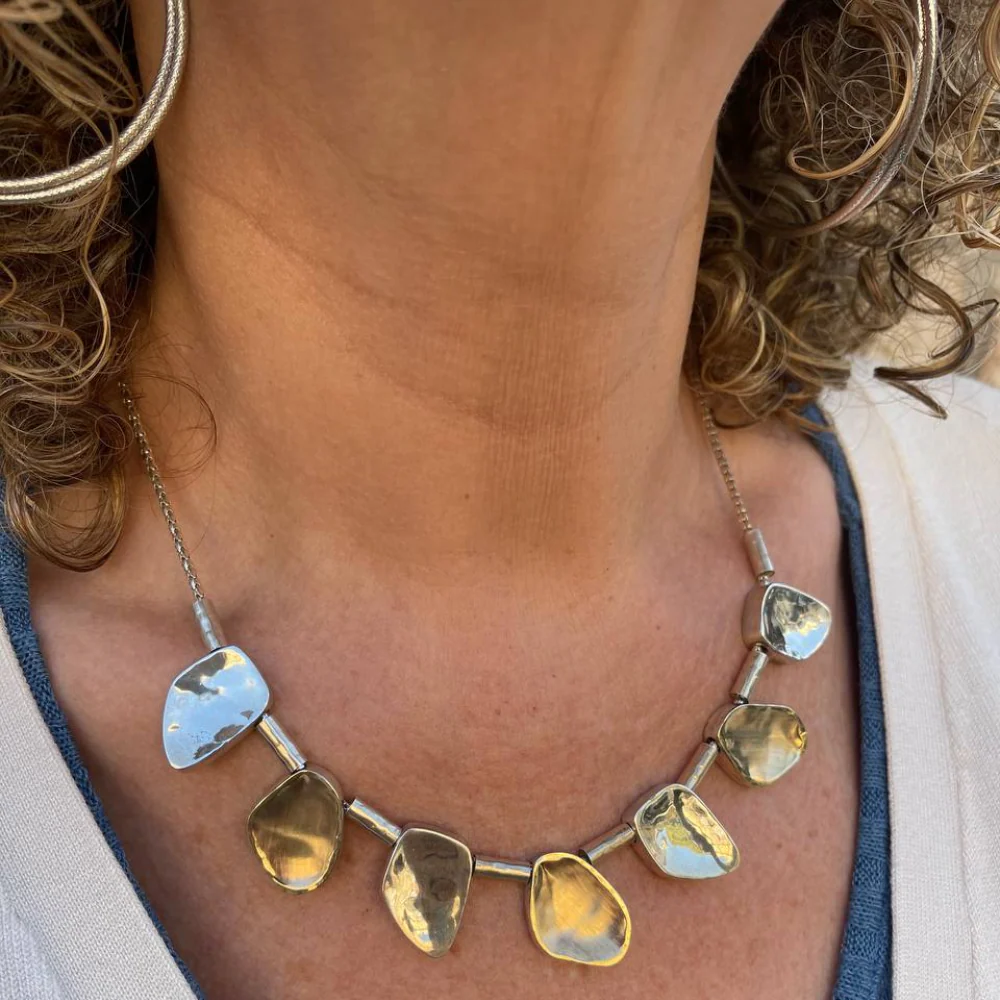 Artisan Israeli Stone Style Chunky Nugget Necklace in Silver & Gold - Image 9